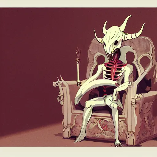 Image similar to concept art painting of a dragonlike anthropomorphic humanoid creature with a long dragon neck and horned skull mask, sitting on a throne, anime style, cel shaded, in the style of makoto shinkai and james gurney and studio ghibli and moebius