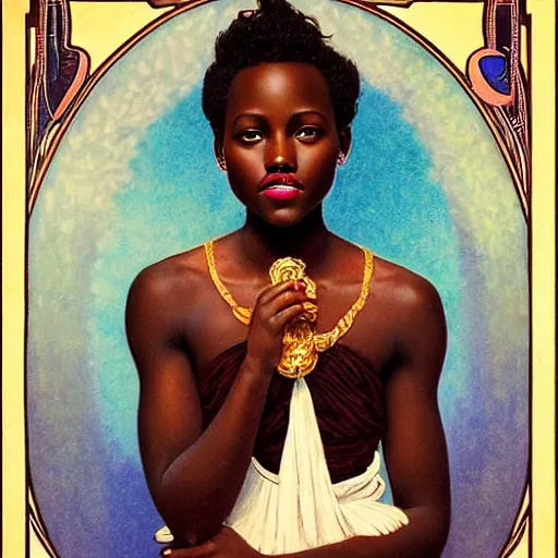 Prompt: lupita nyong'o portrait by louis - theophile hingre and alphonse mucha, realistic, sharp focus, zodiac signs, tarot cards, planets, ethereal, art nouveau, magic, moon, sun, crown, dreamy, royal, jewellery