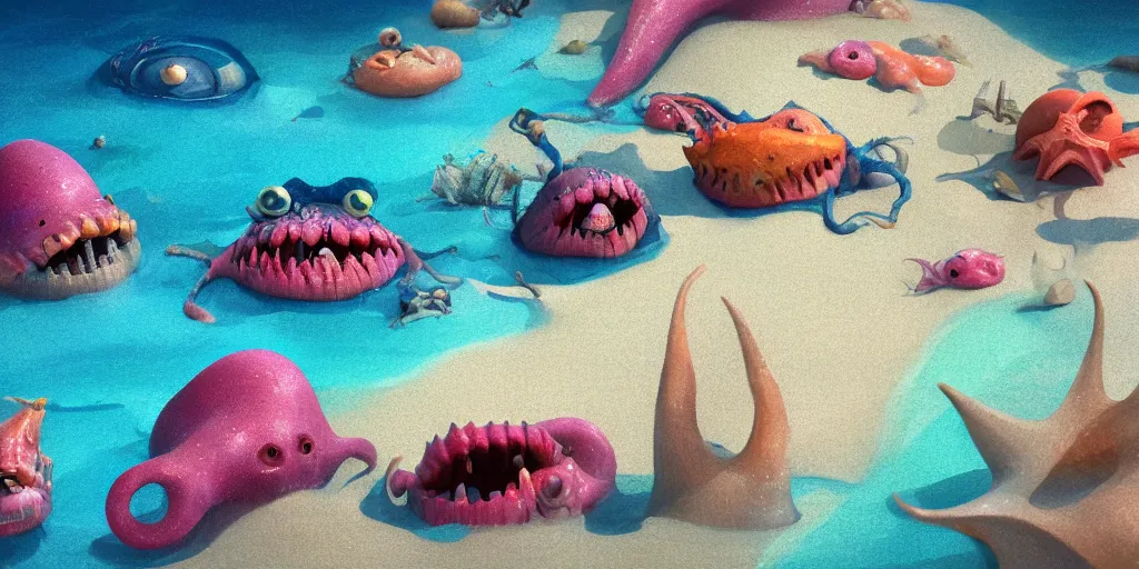 Prompt: of a hazy shallow beach with weird cute happy creatures with big mouths, sinuous long tongues, and square teeth appearing from the rough waters, in the style of antonio berni, macro lens, shallow depth of field, highly detailed, digital painting, trending artstation, concept art, illustration, cinematic lighting, vibrant colors, photorealism, epic, octane render