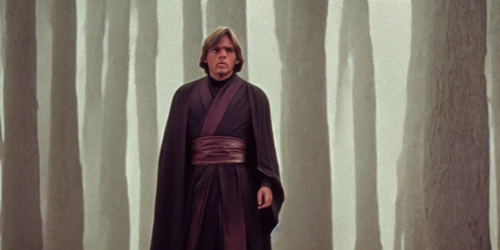 Image similar to screenshot of Luke Skywalker in dark jedi robe is lost on a surreal pink planet with black trees, minamilist 1970s sci fi film by Stanely Kubrick film, color kodak, Ektachrome, anamorphic lenses, detailed faces, hyper-realistic, photoreal, detailed portrait, moody award winning cinematography, beautiful lighting