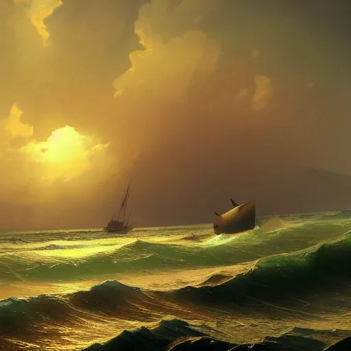 Image similar to a sunset and heavy sea in style of Aivazovskiy, hypermaximalistic, high details, cinematic, 8k resolution, beautiful detailed, insanely intricate details, artstation trending, octane render, unreal engine,