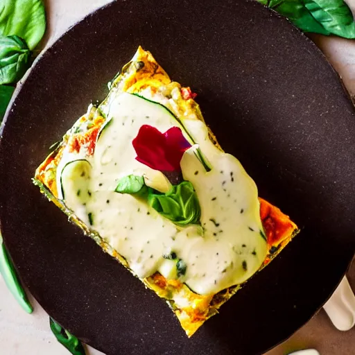 Image similar to zucchini lasagna filled with ground chicken, ras el hanut creme fraiche, topped with camembert cheese and edible flowers, michelin starred restaurant, food photography