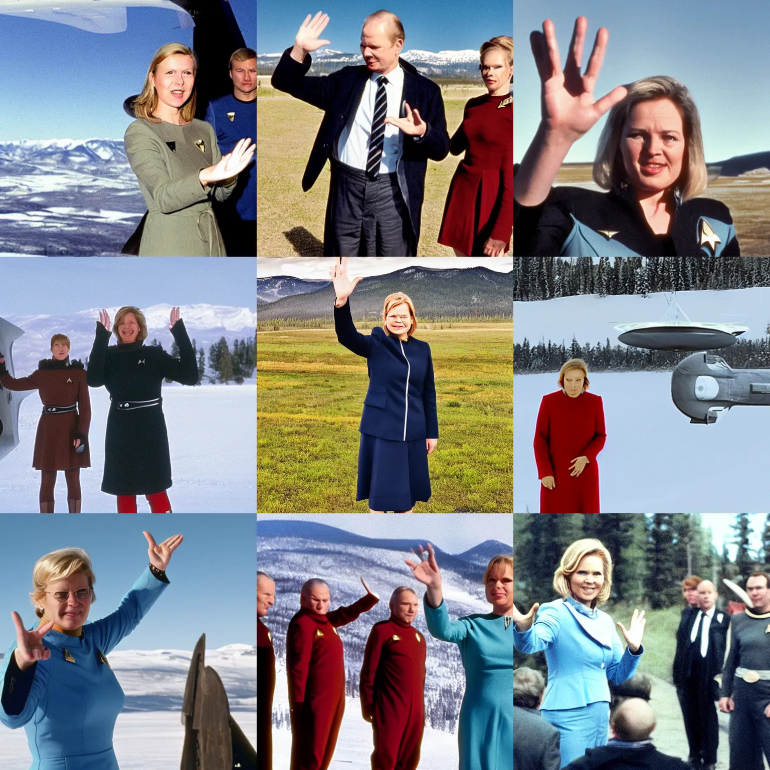 Prompt: Finnish President Sanna Marin in Bozeman, Montana, doing a vulcan hand gesture at a vulcan, film still from Star Trek First Contact