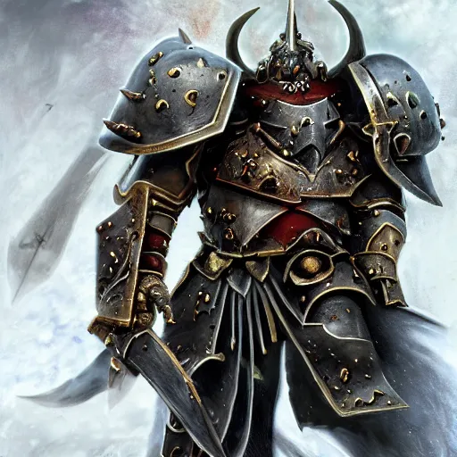 Prompt: a chaos warrior in heavy armor from warhammer, artstation hall of fame gallery, editors choice, # 1 digital painting of all time, most beautiful image ever created, emotionally evocative, greatest art ever made, lifetime achievement magnum opus masterpiece, the most amazing breathtaking image with the deepest message ever painted, a thing of beauty beyond imagination or words