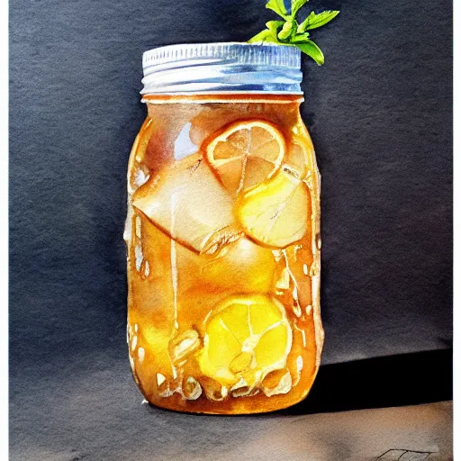 Prompt: Ice Tea in a mason jar, Watercolor, photorealistic, high resolution, award winning, trending on artstation, art poster, art by artgerm