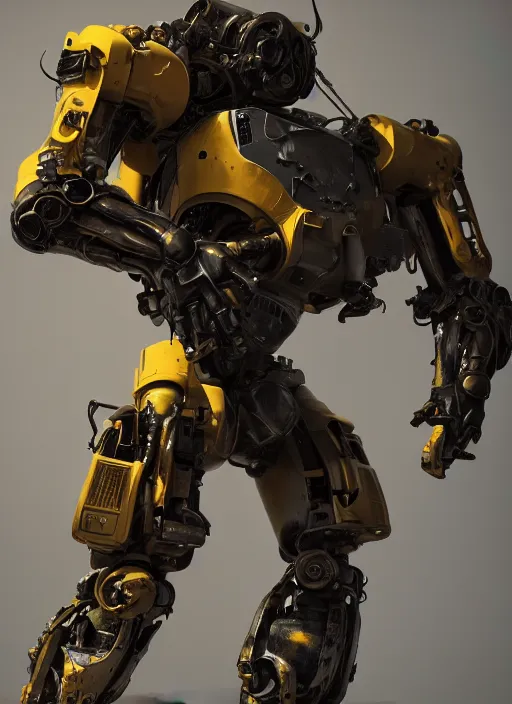 Image similar to a photorealistic dramatic hyperrealistic render of a futuristic exosuit power loader heavy machinery, ultra realistic details, glossy yellow, well worn, rust, oil stains by vitaly bulgarov and mike nash, beautiful dramatic dark moody tones and lighting, cinematic atmosphere, studio lighting, global illumination, shadows, dark background, octane render, 8 k