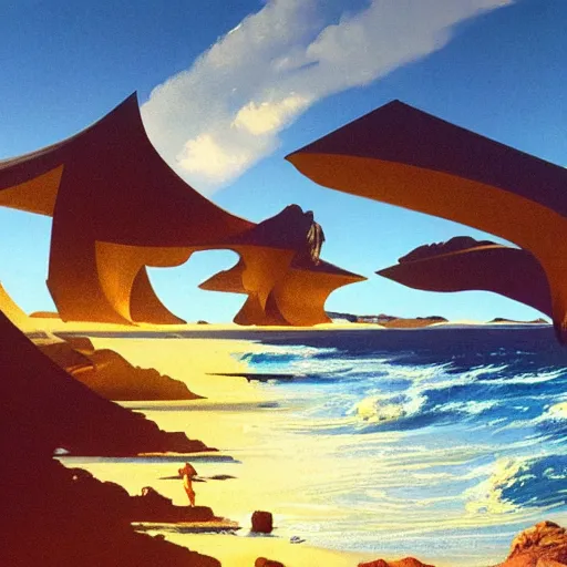 Image similar to golden shores of a blue dreamy ocean, sci - fi, daylight, blue sky, cinematic lighting, cinematic perspective, syd mead, john harris
