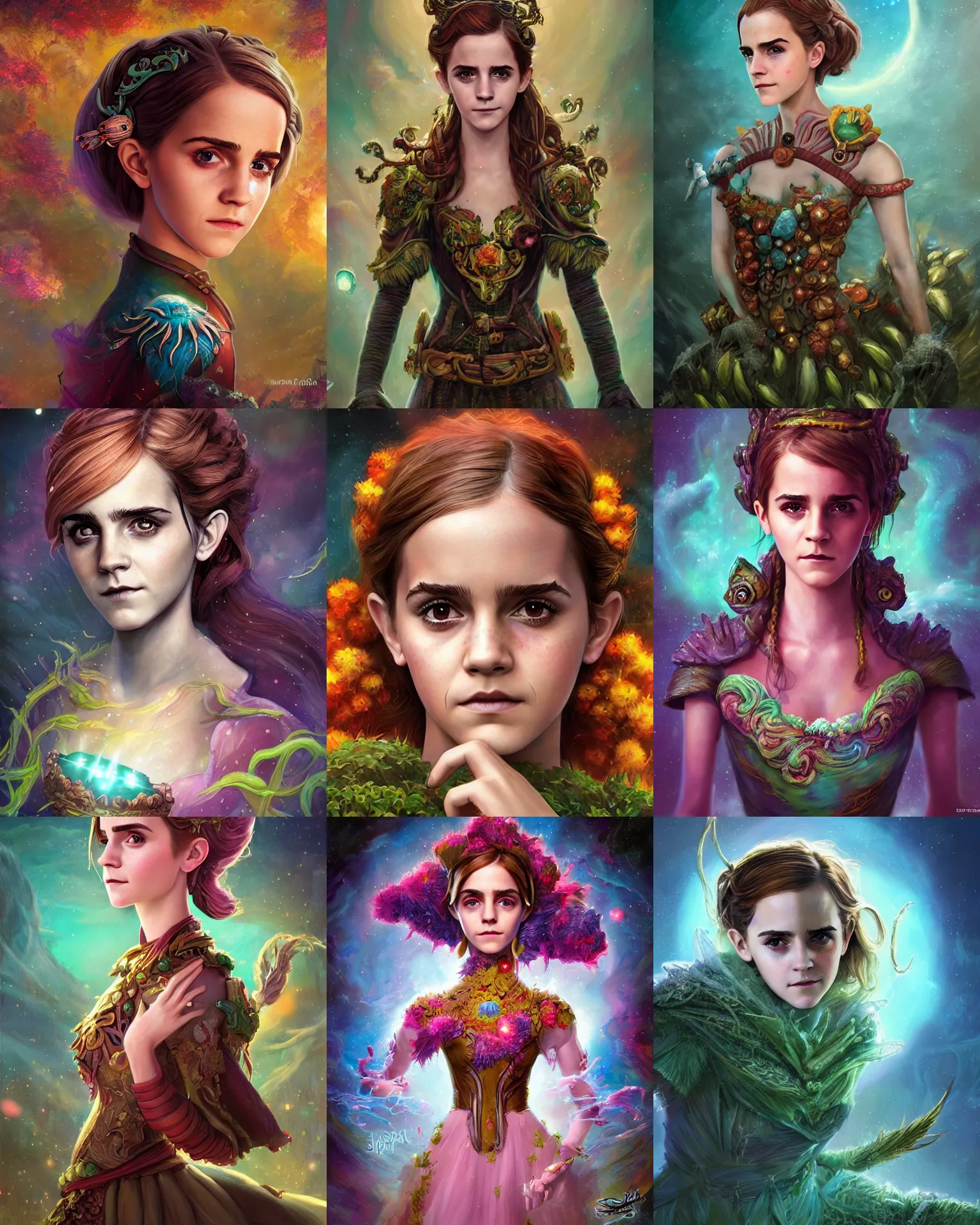 Prompt: an epic fantasy comic book style portrait painting of an extremely cute and adorable very beautiful nebulapunk emma watson as driada, character design by mark ryden and pixar and hayao miyazaki, unreal 5, daz, hyperrealistic, octane render, cosplay, rpg portrait, dynamic lighting, intricate detail, harvest fall vibrancy, cinematic