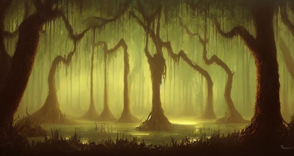 Image similar to A dense and dark enchanted forest with a swamp, by RHADS