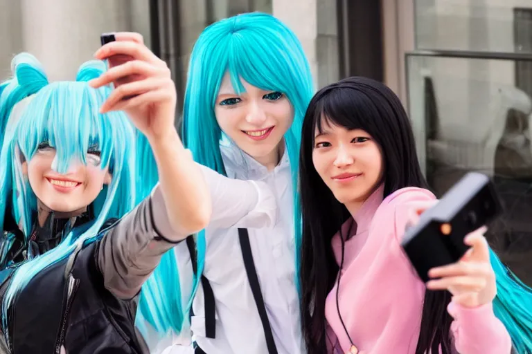 Image similar to two people taking a selfie with Hatsune miku outside of a hotel Scene from TV show 55mm