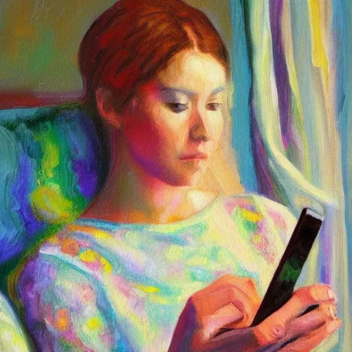 Image similar to a vivid impressionistic painting of a bored woman, she is holding a smartphone, oil on canvas, trending on artstation