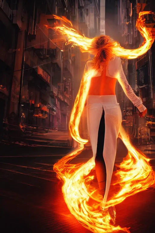 Image similar to young blonde woman from behind with flames dancing on her hands with a long jacket in a cyberpunk city, realistic, high definition, 4K, shimmering color, epic digital art