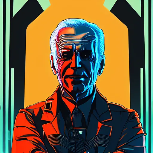 Image similar to cyberpunk joe biden as the leader of a futuristic communist nation, cybernetics, sharp lines, digital, artstation, colored in