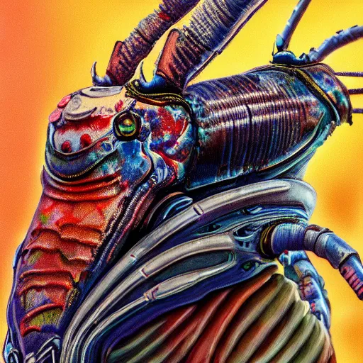 Image similar to ultra realist and ultra intricate detailed soft painting of a sci fi mantis shrimp, from the waist up, sci-fi helmet, symmetry features, sensual gloomy style, volumetric clouds, cyberpunk burning building background, artstation, unreal render, depth of field