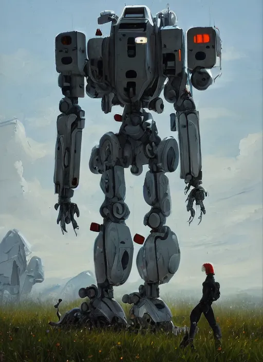 Image similar to an intricate oil painting of a giant pristine white android jagged mech robot with rounded components and tarpaulin cloak by simon stalenhag, inspired by nier : automata, clean white lab background