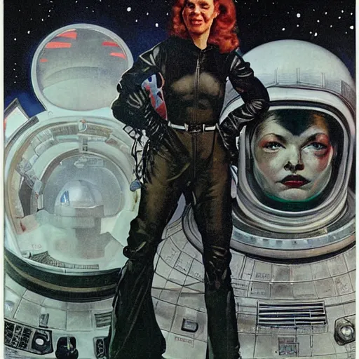 Image similar to portrait of a woman with a bulky sci - fi jumpsuit in a dark and scary spaceship, by norman rockwell