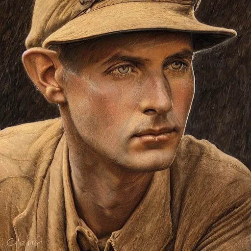 Image similar to a detailed photorealistic sepia - toned color portrait painting of a 1 9 1 7 worried clean - shaven british lieutenant in detailed field gear wearing a finely - detailed pith helmet in wadi rum, ultra realistic, intricate details, lovecraft, atmospheric, dark, horror, brooding, highly detailed, by clyde caldwell