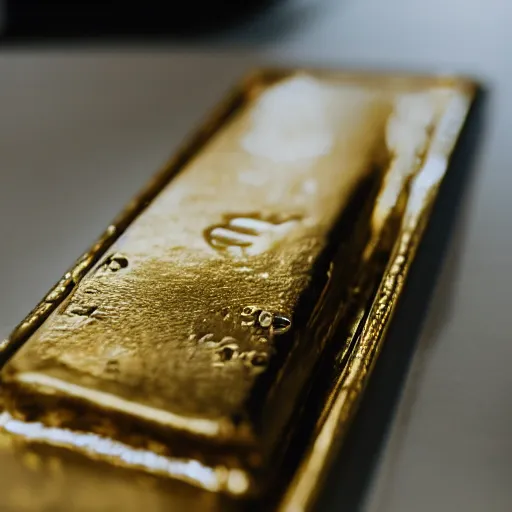 Prompt: a solid gold bar on a cafe table on a sunny day, f / 1. 9 6. 8 1 mm iso 4 0