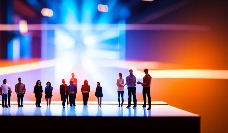 Image similar to group of people in simple warehouse, looking at hologram of futuristic city on a table, cinematic concept art, godrays, golden hour, natural sunlight, 4 k, clear details, tabletop model buildings, center model buildings, hologram center, crane shot, crane shot, crane shot