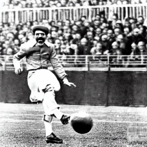 Prompt: stalin stands at the gate on the football field and catches the ball, photo of stalin at the stadium