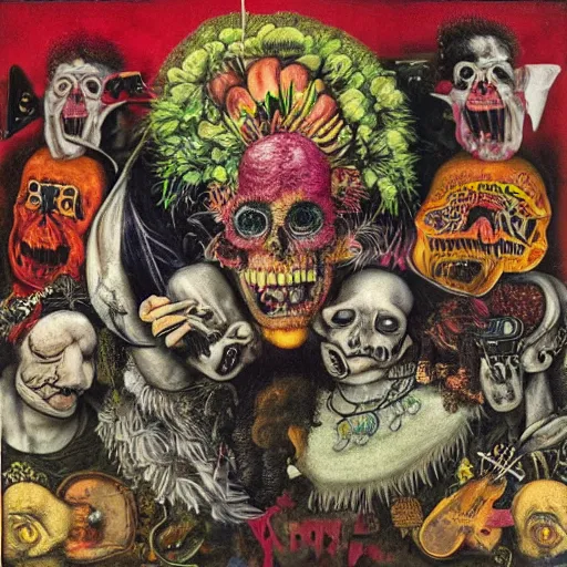Image similar to punk album cover, blank banner on top, psychedelic, giuseppe arcimboldo