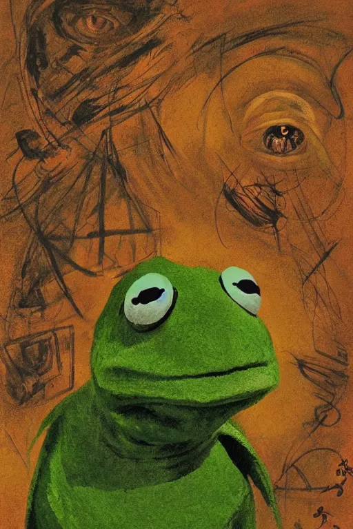 Image similar to solemn portrait of Kermit the frog by Dave McKean