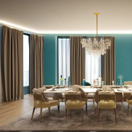 Prompt: render of an airy, illuminated contemporary dining room in a luxury apartment in rome. beige, teal and gold. rendered with octane