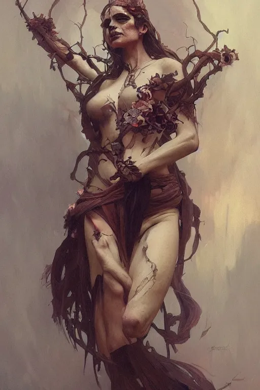 Image similar to a beautiful painting of a death goddess, face, full body, by Greg rutkowski, artgerm and Alphonse Mucha, highly detailed, octane trending on artstation