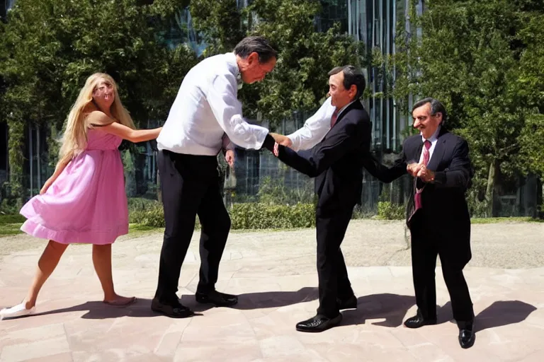 Image similar to sword fight between Mario Draghi and Masha and the Bear