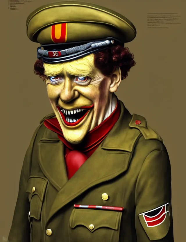 Image similar to a portrait of ronald mcdonald wearing a ww 2 german uniform, by moebius and tyler edlin and hr giger, trending on artstation, digital art, 4 k resolution, detailed, high quality, sharp focus, hq artwork, coherent, insane detail, concept art