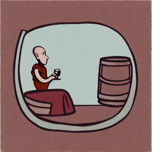 Image similar to minimalist sketch of a monk drinking wine next to a barrel