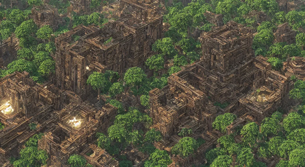 Image similar to wood fortress greeble block amazon jungle accadamy of tower cristal global illumination ray tracing