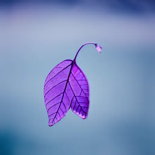 Prompt: closeup photo of one purple leaf flying above a city, aerial view, shallow depth of field, cinematic, 8 0 mm, f 1. 8