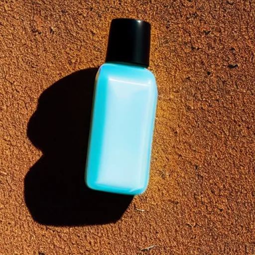 Image similar to bright perfume bottle sitting on a small mountain of clean desert sand, close up shot, upfront, with sunny bright blue sky and clouds in the background, softly - lit, soft - warm, zen, light, modern minimalist f 2 0 clean