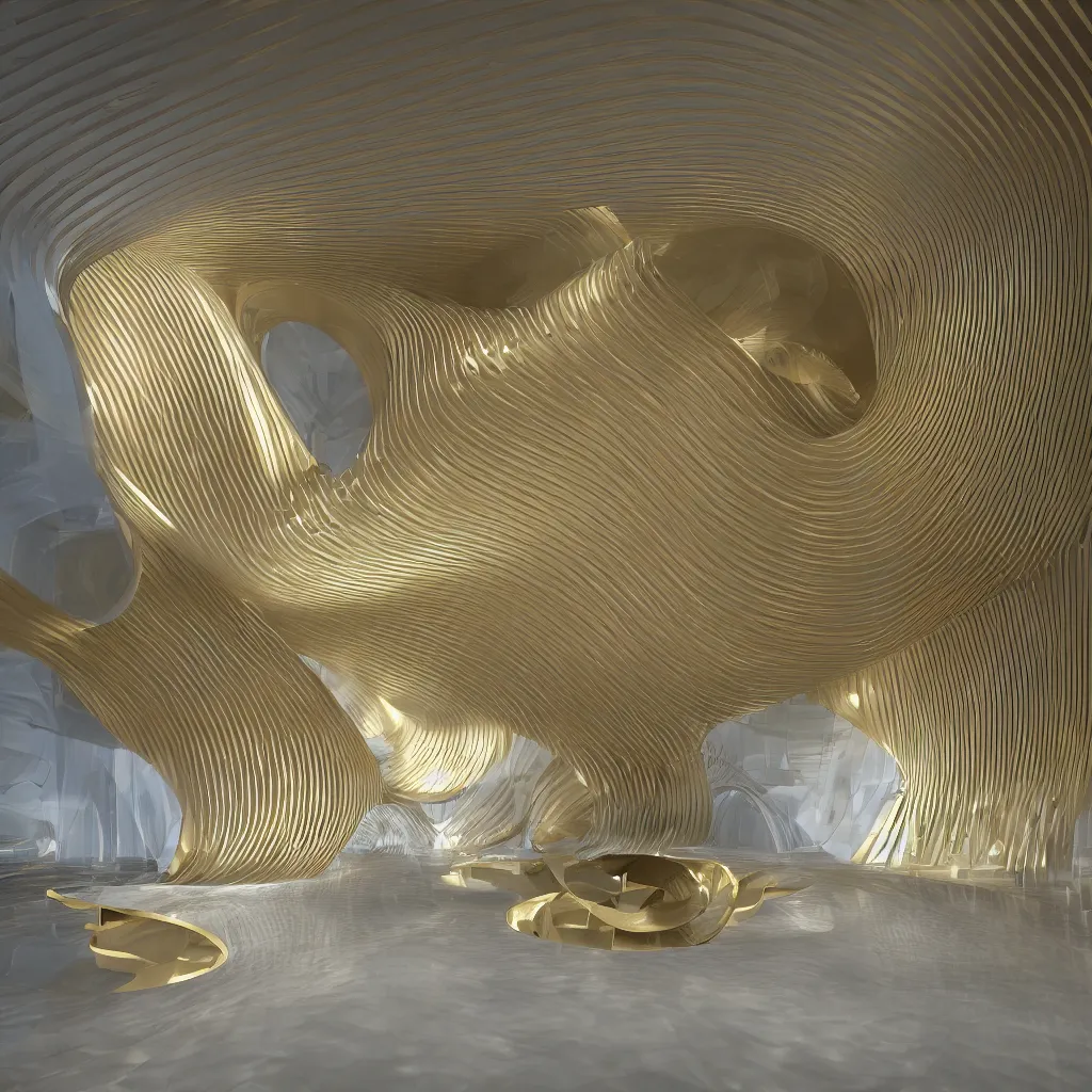 Image similar to an incredibly smooth curvilinear neo baroque interior architectural spatial sculpture, a golden pool on the ground is envelope by folding white surfaces, blue light, visually satisfying seductive architecture render