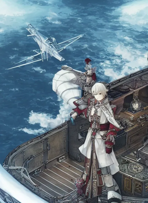 Image similar to character portrait of the white herald on the deck of an imperial airship in the sky, hidari, color page, tankoban, 4K, tone mapping, Akihiko Yoshida.