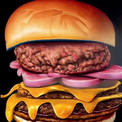 Prompt: donald trump! licking! a burger with his! tongue! out, art by jenny saville and earl norem, studio lighting, rim light, key light, food photography, detailed, sharp, smooth