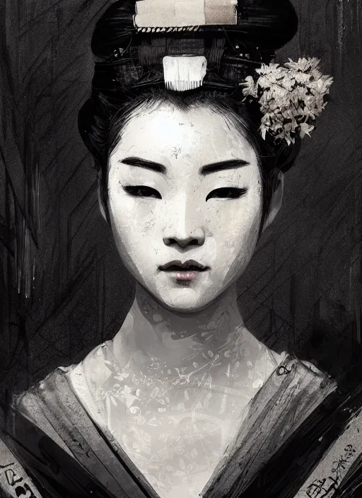 Image similar to female geisha girl, beautiful face, black and white, rule of thirds, intricate outfit, spotlight, by greg rutkowski, by jeremy mann, digital painting