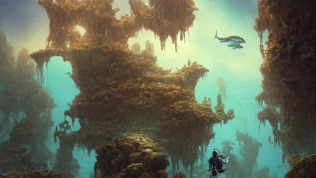 Image similar to A diver is under the sea, he has a treasure with him, he is swimming away from the giant Nessie that is behind hunting him, this is an extravagant planet with wacky wildlife and some mythical animals, the background is full of ancient ruins, the ambient is vivid with a terrifying atmosphere, by Jordan Grimmer digital art, trending on Artstation,