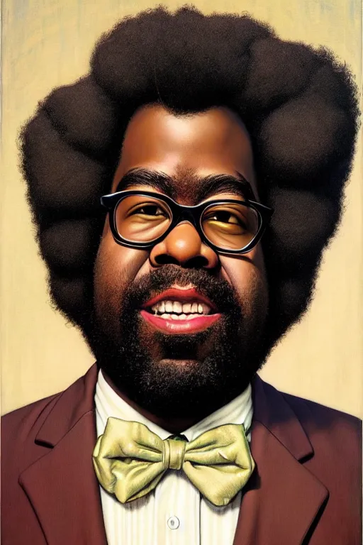 Prompt: portrait of questlove from the roots by gil elvgren and norman rockwell and rob gonsalves and hajime sorayama, hyperrealistic, high detail, ultra detailed, highly detailed face