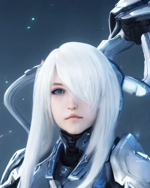 Image similar to perfect white haired girl, warframe armor, beautiful, dreamy, half asian, pretty face, blue eyes, detailed, sunny day, scifi platform, front lit, laboratory, experiment, 4 k, ultra realistic, epic lighting, cinematic, high detail, masterpiece, by masayoshi tanaka, akihiko yoshida, kazuya takahashi