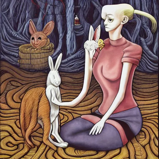 Prompt: surreal oil painting of Alice being hypnotized by a rabbit by Junji Ito