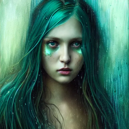 Image similar to girl in rain with wet hair and face, teal luna moth wing, fantasy, intricate, elegant, dramatic lighting, emotionally evoking symbolic metaphor, highly detailed, lifelike, photorealistic, digital painting, artstation, concept art, smooth, sharp focus, illustration, art by John Collier and Albert Aublet and Krenz Cushart and Artem Demura and Alphonse Mucha