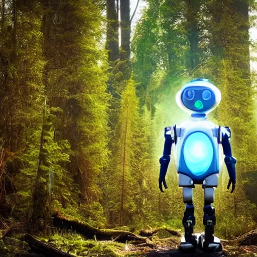 Prompt: a futuristic robot hiking through the forest on an alien planet, amazed by the natural beauty