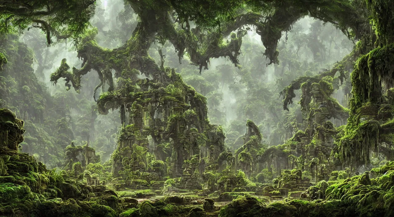 Prompt: massive ancient stone temple ruins at the end of a narrow overgrown pathway guarded by a mythical beast next to a river in an mystic cosmic rainforest, by roger dean, by robert hubert, by laurie lipton, detailed, realistic shadows, volumetric lighting, alien, jungle, temple ruins, rendered in lumion, matte painting