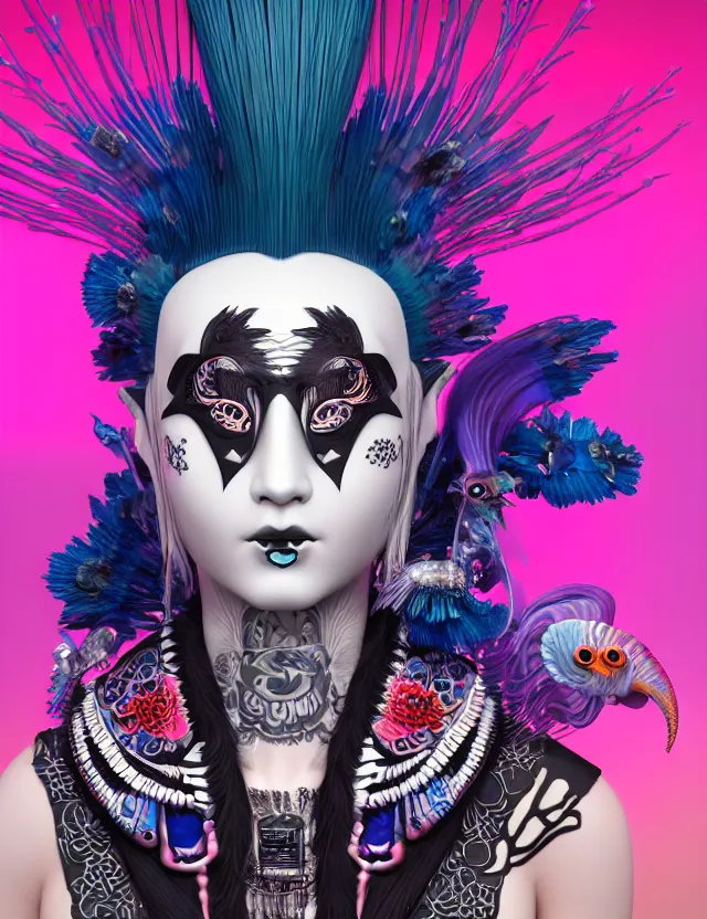 Image similar to 3 d goddess close - up profile portrait punk with mohawk with ram skull. beautiful intricately detailed japanese crow kitsune mask and clasical japanese kimono. betta fish, jellyfish phoenix, bio luminescent, plasma, ice, water, wind, creature, artwork by tooth wu and wlop and beeple and greg rutkowski