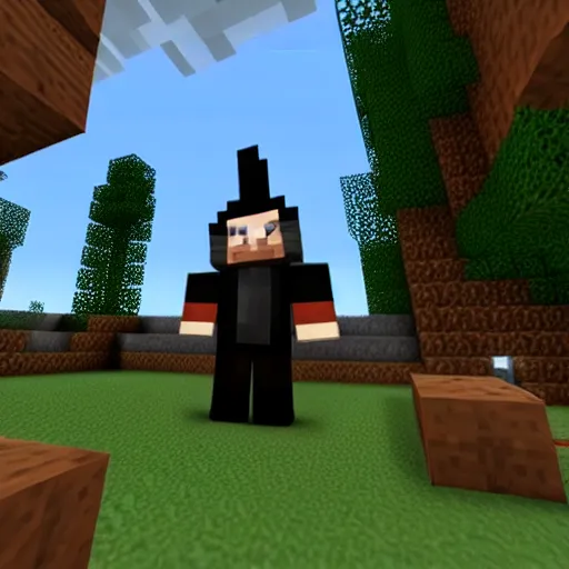 Image similar to an anthropomorphic black goat wizard in minecraft, screenshot