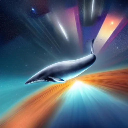 Image similar to Large blue whales swimming in space, colorful, beautiful, cinematic, golden ratio, high detail, unreal engine,