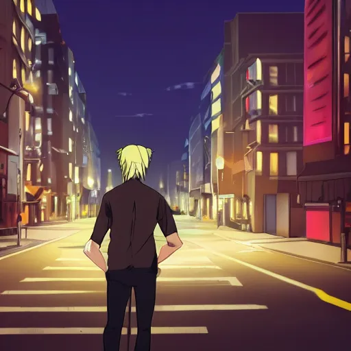 Image similar to a blonde man with a ponytail wearing black clothes wanders through a city at night, anime, 4k