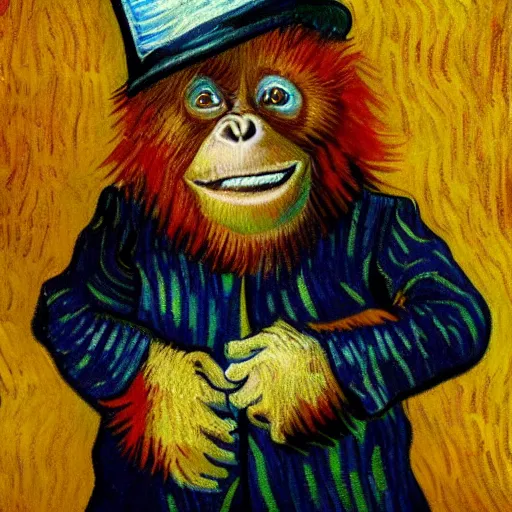 Image similar to a van gogh painting of a baby orangutan wearing a top hat, 4 k, hyper realistic, dslr, landscape, high resolution